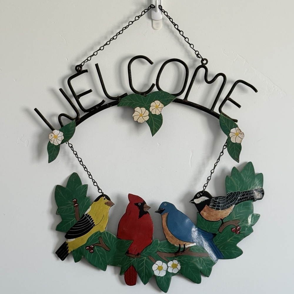 VTG Welcome Sign Farmhouse Hand Painted Birds Cabin Spring Metal‎ Cottage 17x20"